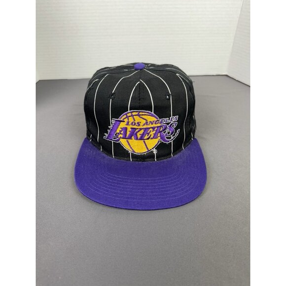 Vintage 90s Starter Los Angeles Lakers NBA Pin Stripe Snapback Hat Cap Promo Art - Picture 1 of 6